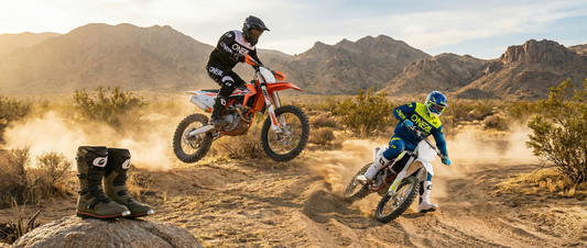 Buty crossowe O'Neal prezentowane podczas jazdy motocrossowej w pięknej scenerii górskiej.